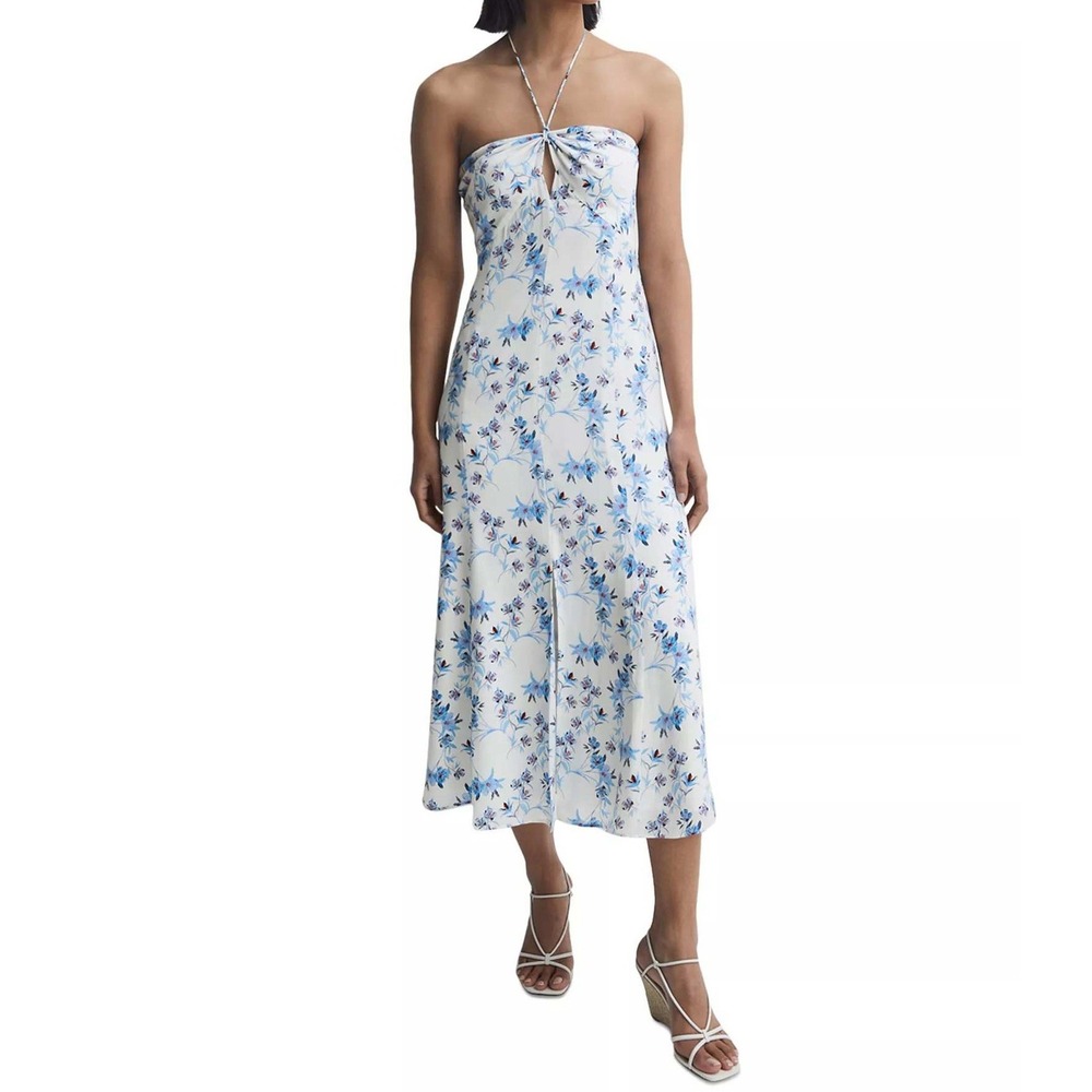 Reiss Sophia Strappy Floral Halter Midi Dress Womens 10 White Blue Fitted Modern